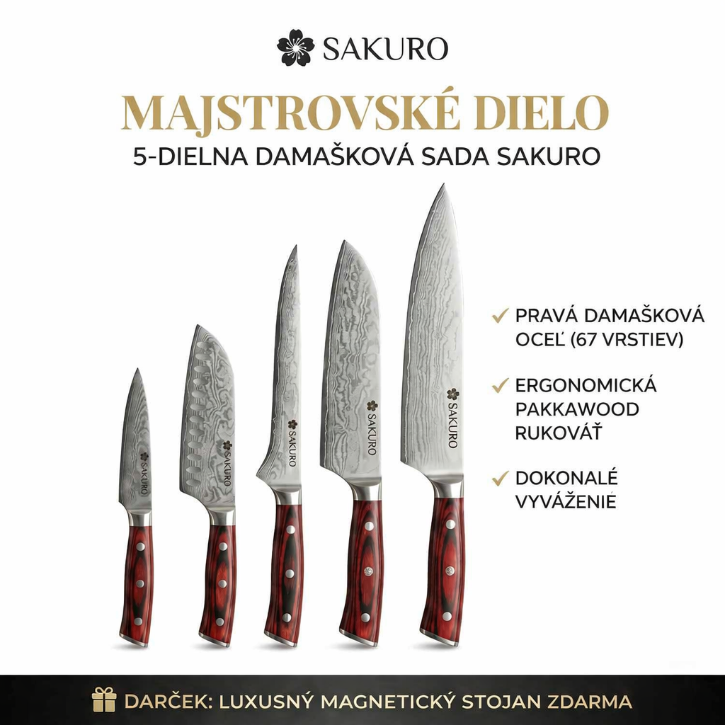 🔪 Luxusná 5dielna sada nožov SAKURO z pravej damaškovej ocele + 🎁 Stojan ZADARMO