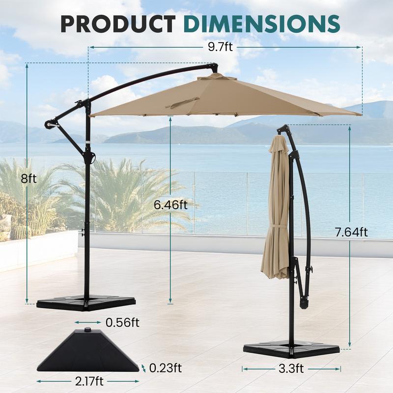 【Con base】 Sombrilla excéntrica de 10 pies para patio exterior (con base) — Inclinación y manivela sencillas, pantalla de poliéster ajustable para jardín, patio trasero y zona de piscina.