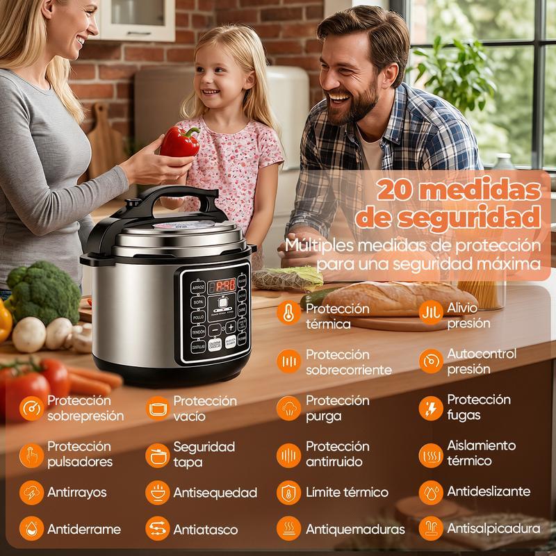 Olla de Presión Eléctrica 6L, 1000W Multicooker con 10 Programas Automáticos, Cocina Rápida, Panel Digital, Función Mantener Caliente y Sistema de Seguridad