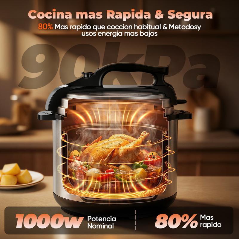 Olla de Presión Eléctrica 6L, 1000W Multicooker con 10 Programas Automáticos, Cocina Rápida, Panel Digital, Función Mantener Caliente y Sistema de Seguridad