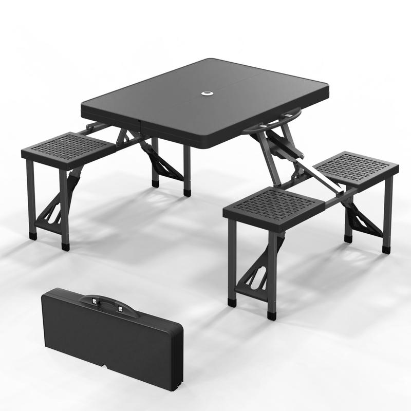 Mesa de Picnic Plegable 1.2 m con 4 Asientos, Agujero para Sombrilla, Marco de Aluminio y Tablero de Plástico – Soporta 100 kg, Ideal para Camping, Jardín, Patio y Viajes