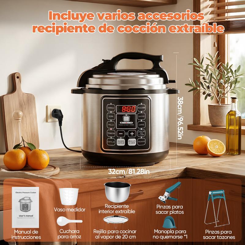 Olla de Presión Eléctrica 6L, 1000W Multicooker con 10 Programas Automáticos, Cocina Rápida, Panel Digital, Función Mantener Caliente y Sistema de Seguridad