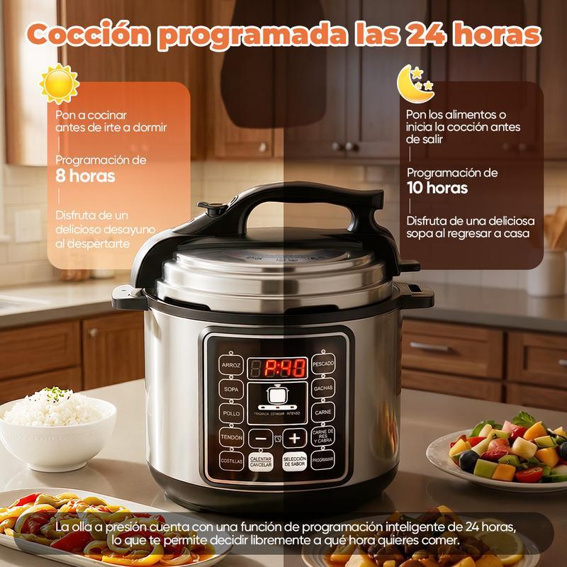 Olla de Presión Eléctrica 6L, 1000W Multicooker con 10 Programas Automáticos, Cocina Rápida, Panel Digital, Función Mantener Caliente y Sistema de Seguridad