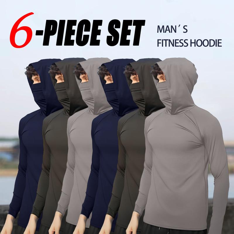 Conjunto de 6 sudaderas casuales para hombre (azul, negro, gris claro): corte entallado, manga larga, ligeras, con protección solar UPF, suaves, transpirables, de estilo clásico y versátil; lavables a máquina, cómodas e ideales para diversas ocasiones