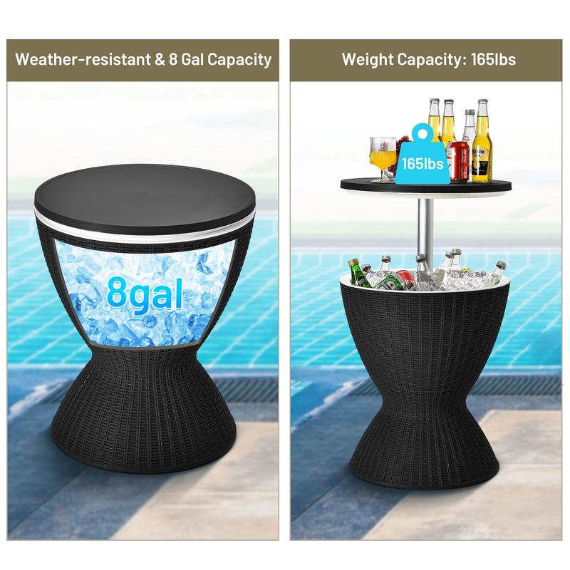 Mesa de bar con enfriador, Enfriador de cerveza y vino de 4/8/10 galones, Mesas de bar para patio estilo ratán, Altura ajustable, Enfriador de hielo 3 en 1 con tapón de drenaje, Mesa de cóctel para exteriores