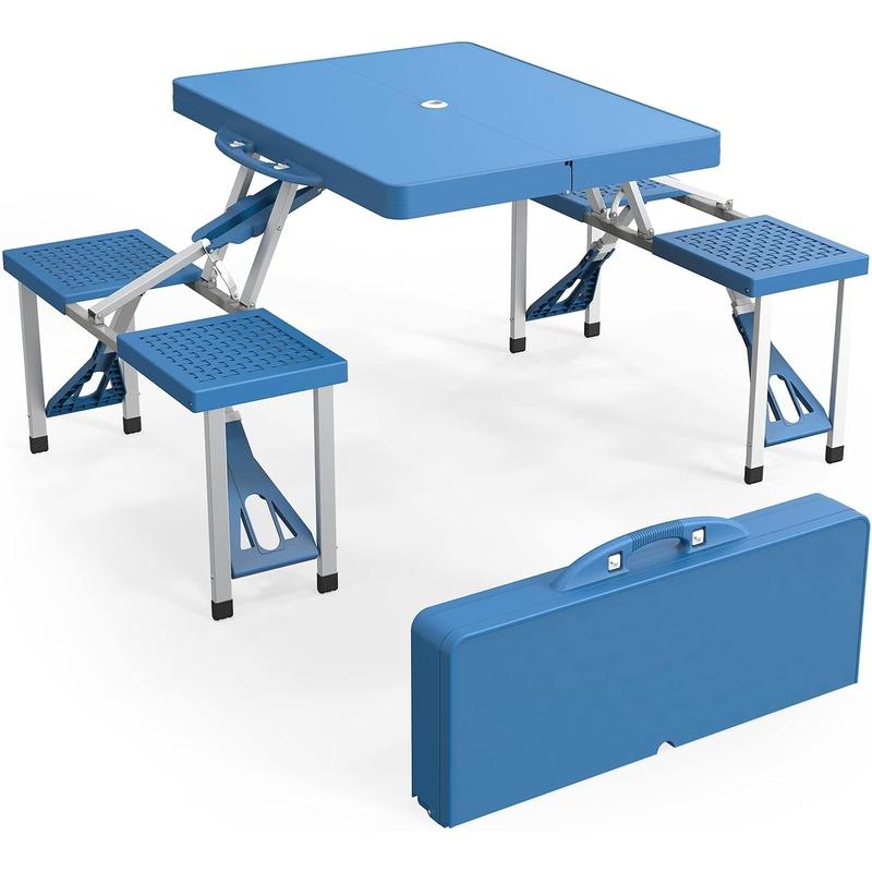 Mesa de Picnic Plegable 1.2 m con 4 Asientos, Agujero para Sombrilla, Marco de Aluminio y Tablero de Plástico – Soporta 100 kg, Ideal para Camping, Jardín, Patio y Viajes