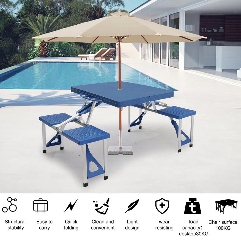 Mesa de Picnic Plegable 1.2 m con 4 Asientos, Agujero para Sombrilla, Marco de Aluminio y Tablero de Plástico – Soporta 100 kg, Ideal para Camping, Jardín, Patio y Viajes