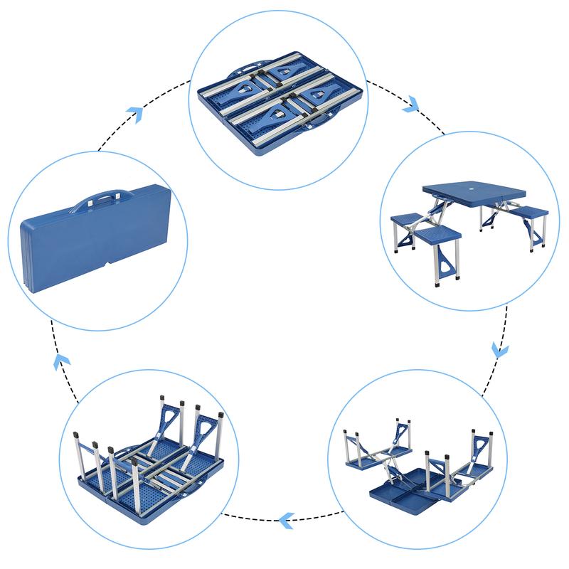 Mesa de Picnic Plegable 1.2 m con 4 Asientos, Agujero para Sombrilla, Marco de Aluminio y Tablero de Plástico – Soporta 100 kg, Ideal para Camping, Jardín, Patio y Viajes
