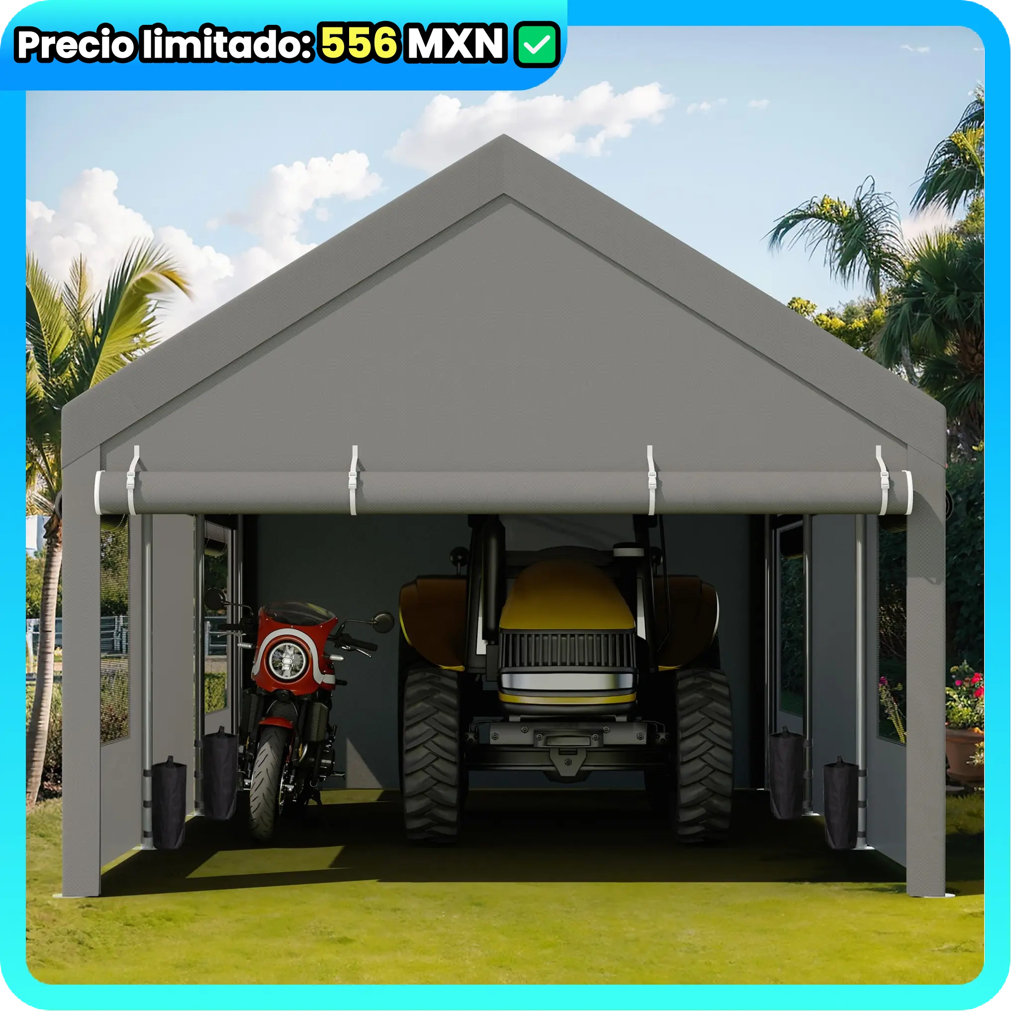 Cobertizo para Auto 10/12x20 ft – Garaje Portátil para Exterior, Toldos de Alta Resistencia con Ventanas Ventiladas y Laterales Removibles, Protección contra Humedad para Vehículos, Fiesta, Campamento o Herramientas, PVC Duradero, Gris/Blanco
