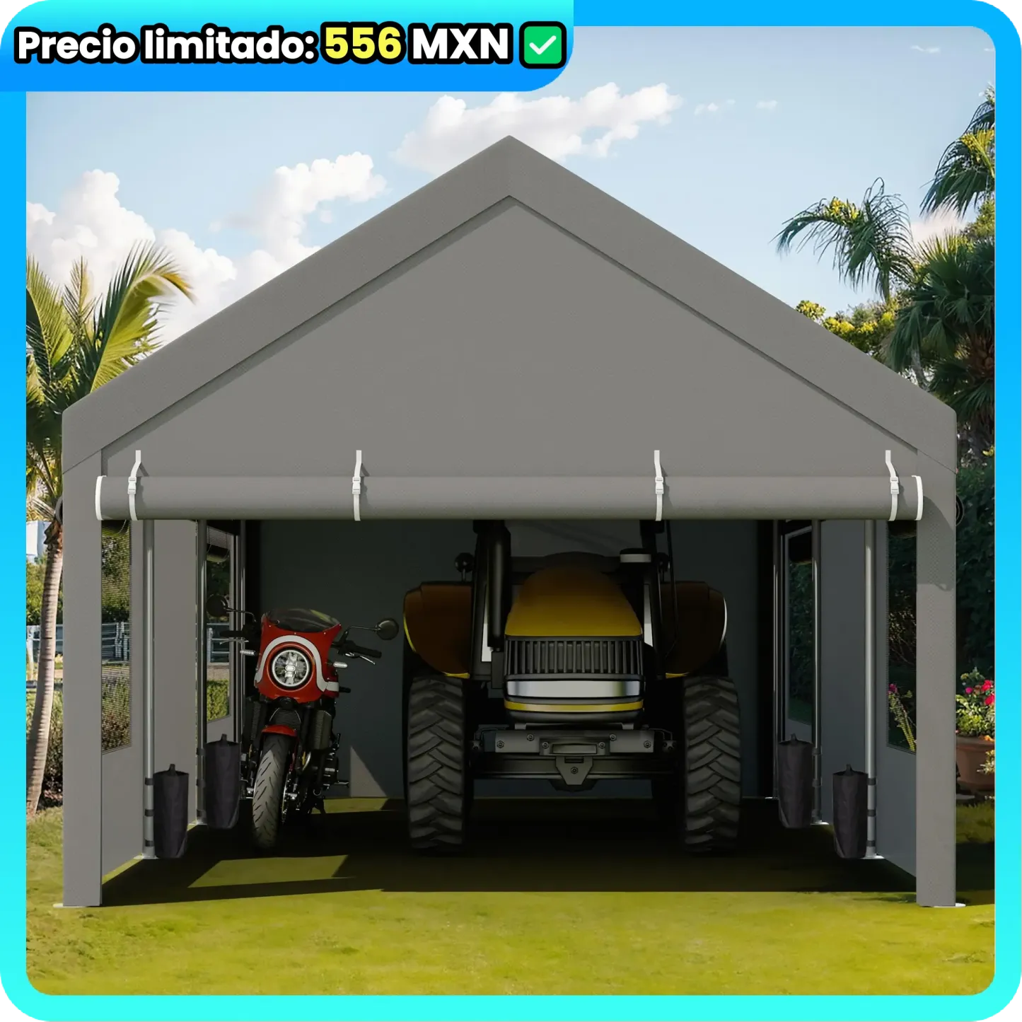 Cobertizo para Auto 10/12x20 ft – Garaje Portátil para Exterior, Toldos de Alta Resistencia con Ventanas Ventiladas y Laterales Removibles, Protección contra Humedad para Vehículos, Fiesta, Campamento o Herramientas, PVC Duradero, Gris/Blanco
