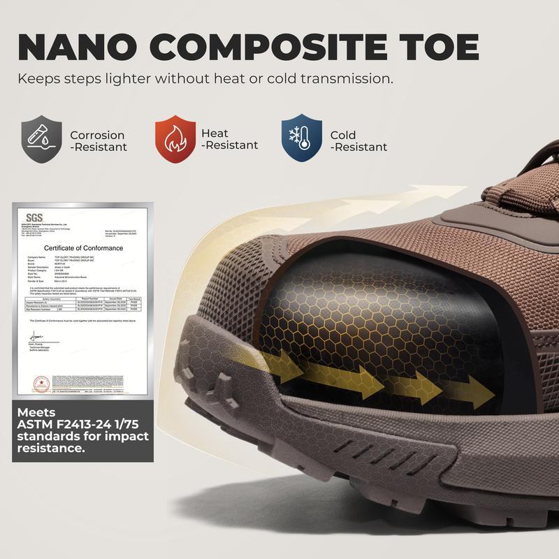 Calzado de seguridad para hombre con puntera de material compuesto (norma ASTM), tejido transpirable, suela de TPU ligera y antideslizante, diseño de puntera redonda con cordones, impermeable y con suela de cuña.