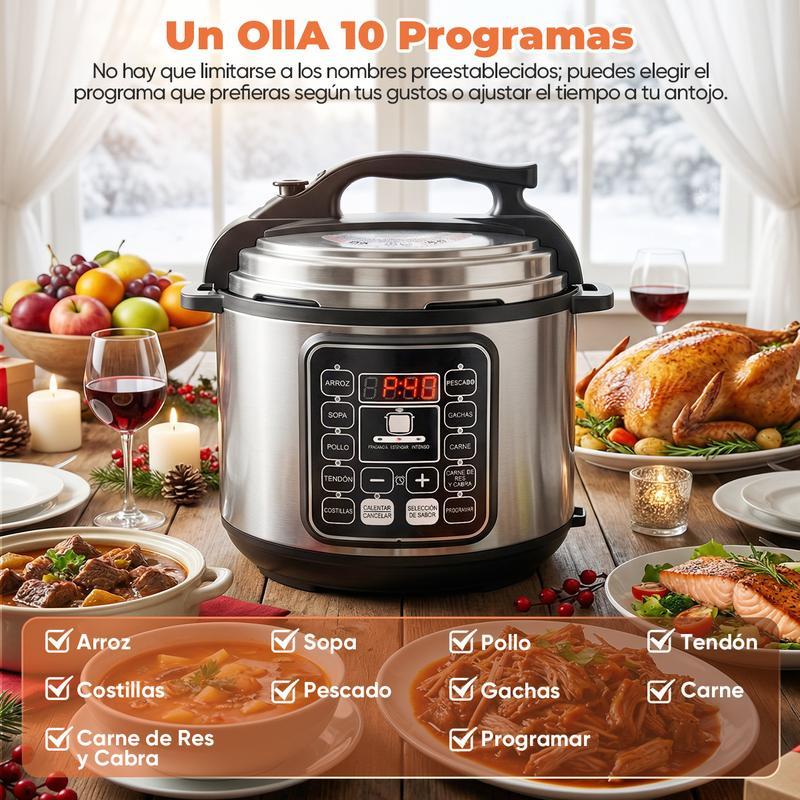 Olla de Presión Eléctrica 6L, 1000W Multicooker con 10 Programas Automáticos, Cocina Rápida, Panel Digital, Función Mantener Caliente y Sistema de Seguridad