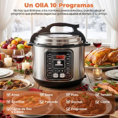 Olla de Presión Eléctrica 6L, 1000W Multicooker con 10 Programas Automáticos, Cocina Rápida, Panel Digital, Función Mantener Caliente y Sistema de Seguridad