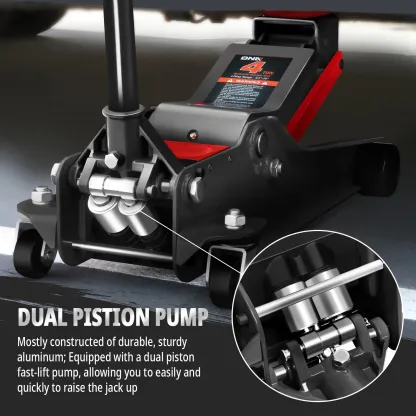 Gato hidráulico de piso de perfil bajo 3/4 toneladas – Levantamiento rápido, doble pistón, rango 8.5–50 cm, certificado GS, herramienta automotriz para reparación de coches