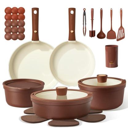 Juego de batería de cocina de cerámica antiadherente (22 o 31 piezas) con mango desmontable y salvamanteles; materiales no tóxicos, apto para lavavajillas e inducción.
