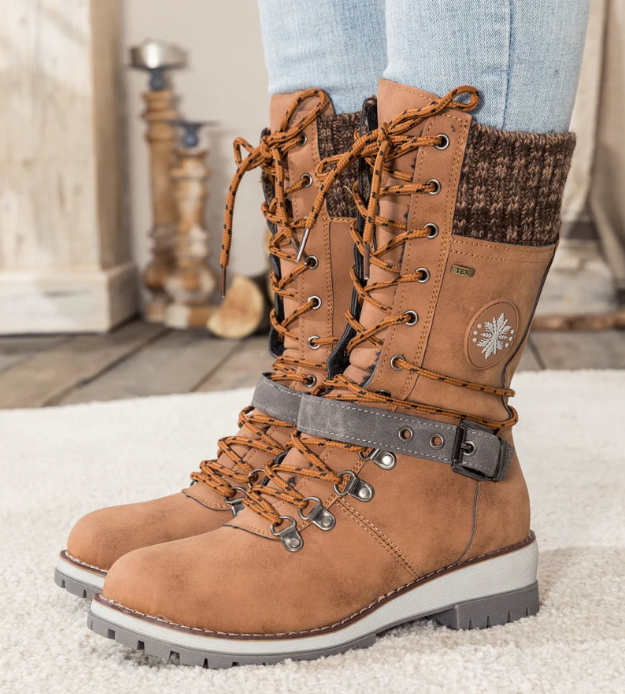 Ribbed-Cuff Buckle-Strap Boot