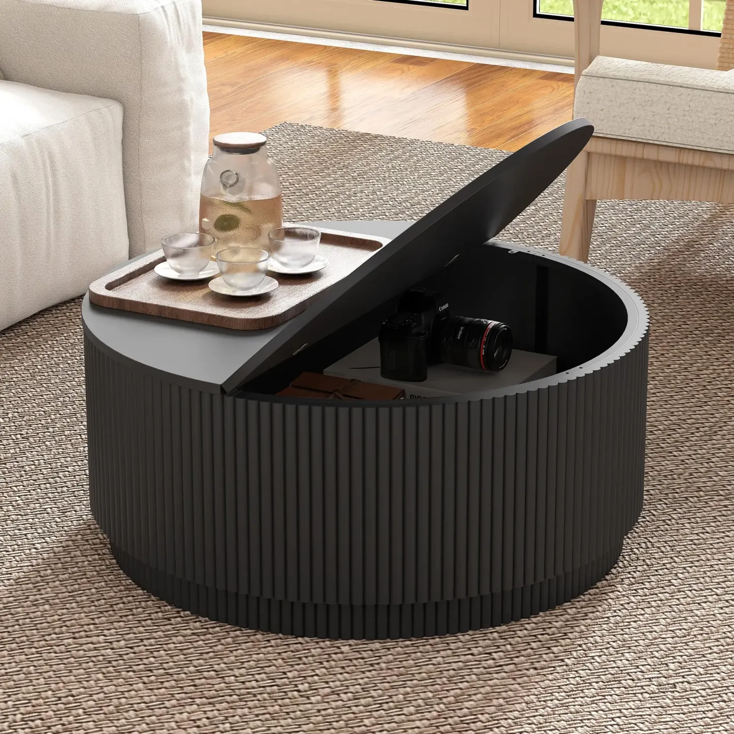 Mesa de Centro Redonda 80 cm con Almacenamiento Oculto