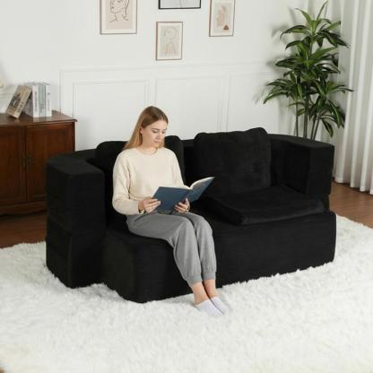 Sofá Cama 2 en 1 Acolchado con Manta y Almohadas