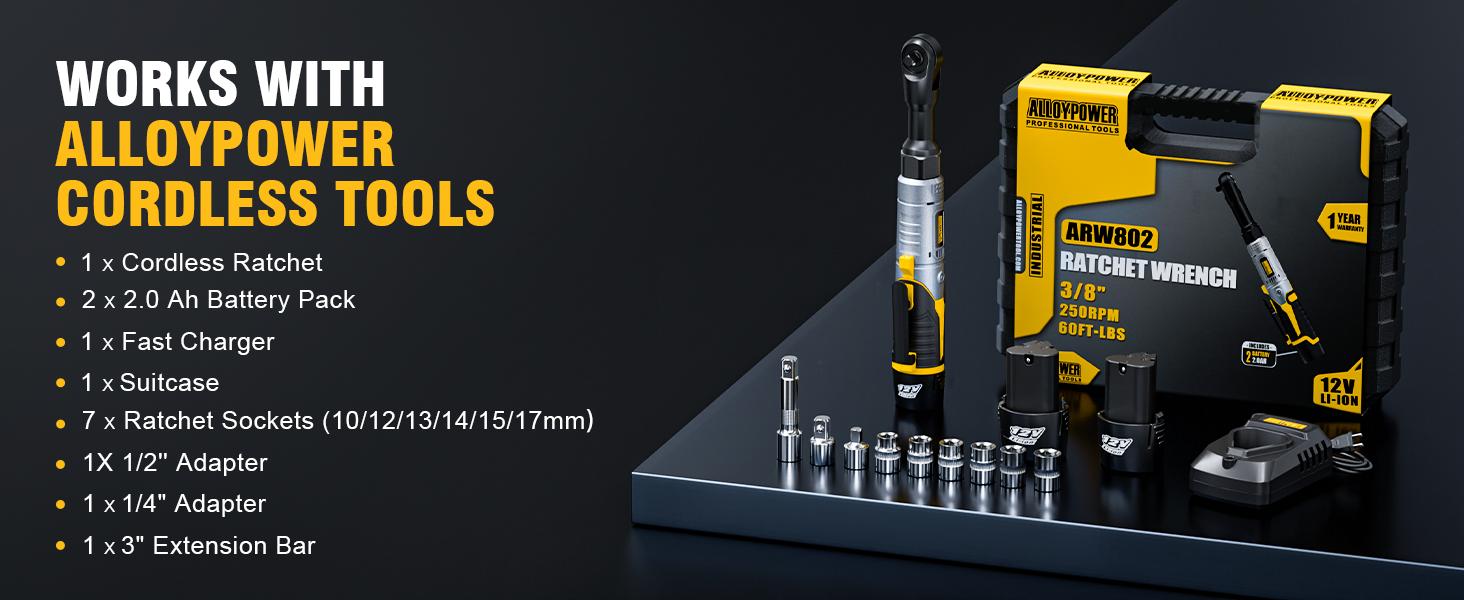3/8" Cordless Ratchet Wrench Set, 60FT-LBS(80N.m) Electric Ratchet, 12V Extended Power Ratchet Wrench with Variable Speed, 6 Sockets, LED Light, 1/4" Adapter,1/2" Adapter,2 Batteries, Best Christmas and New Year Gift Ideas for Everyone