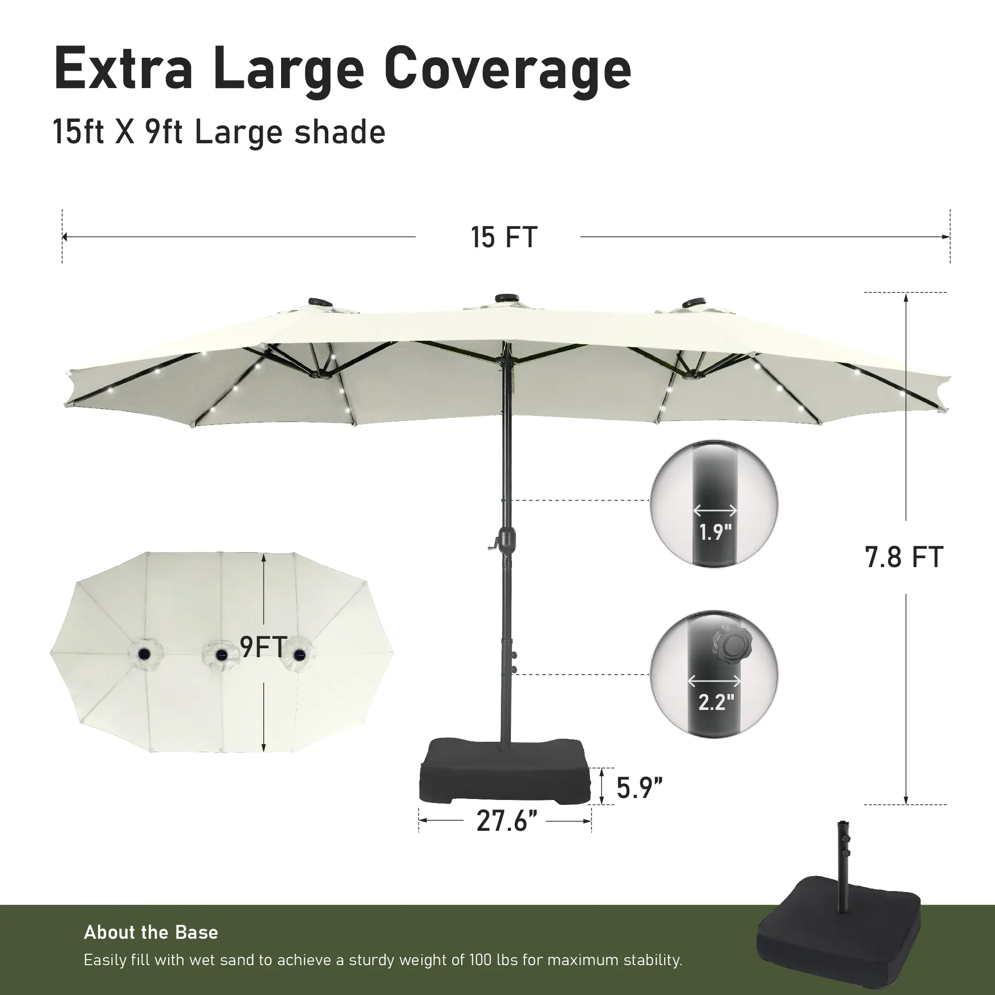 Sombrilla Doble para Patio 4.6 m con Base y LED Solar