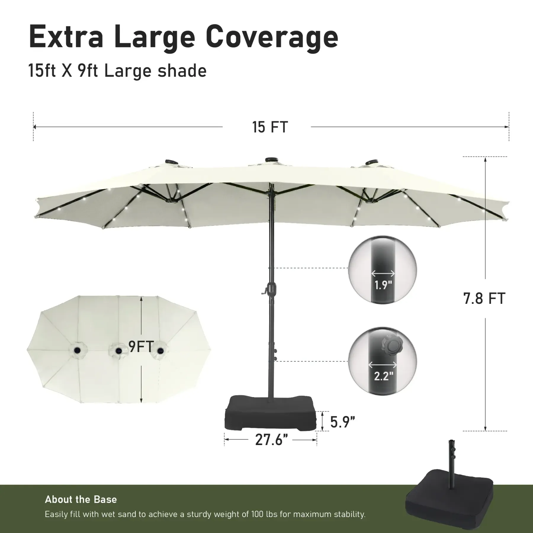 Sombrilla Doble para Patio 4.6 m con Base y LED Solar