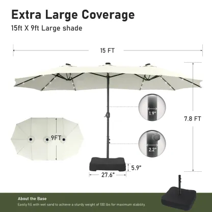 Sombrilla Doble para Patio 4.6 m con Base y LED Solar