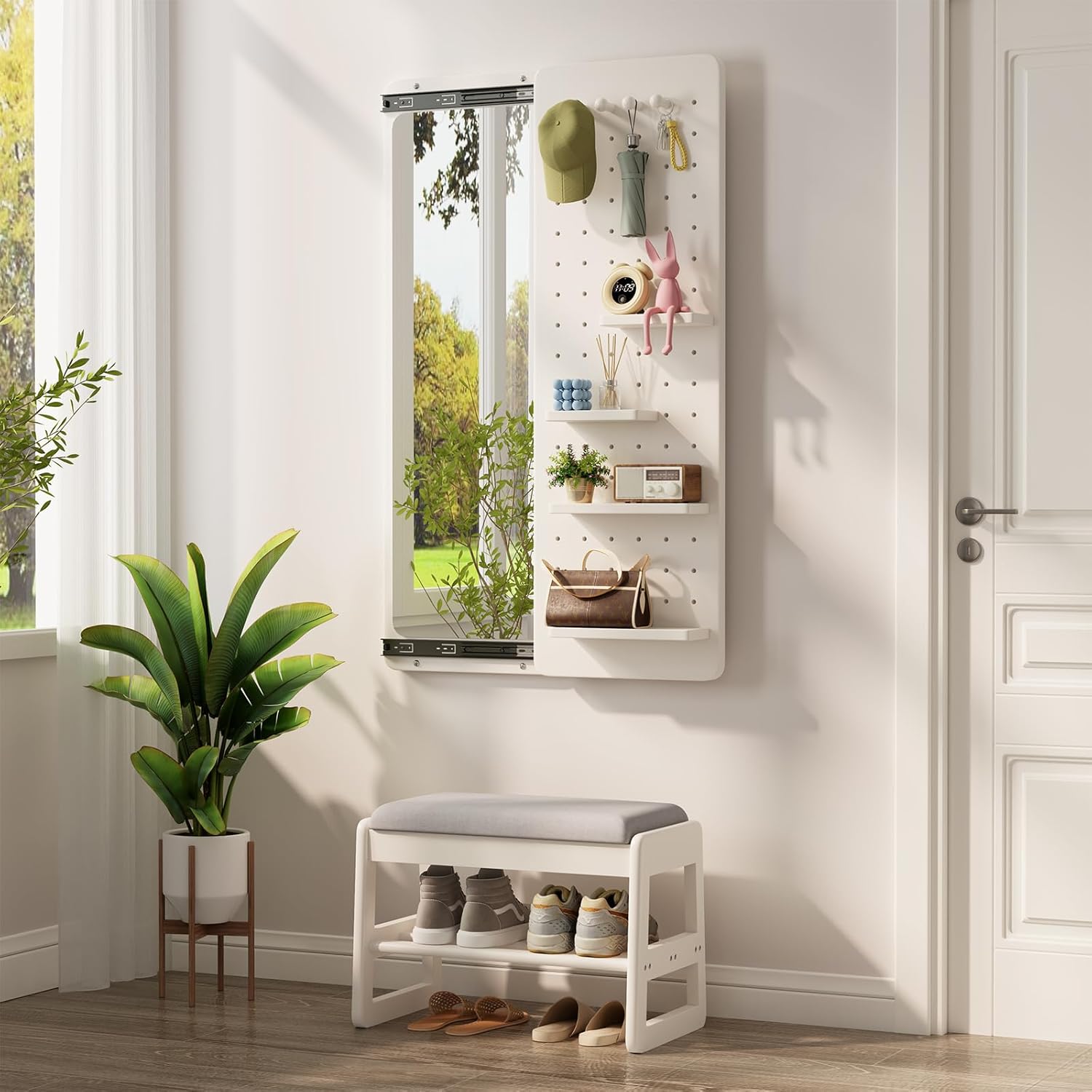 【School】Pegboard Mirror, 100% Solid Wood - No MDF, Mirror with Shelf & Hooks, Rustic Wall-Mounted Mirror with Multifunctional Panel for Bedroom, Living Room, Entryway
