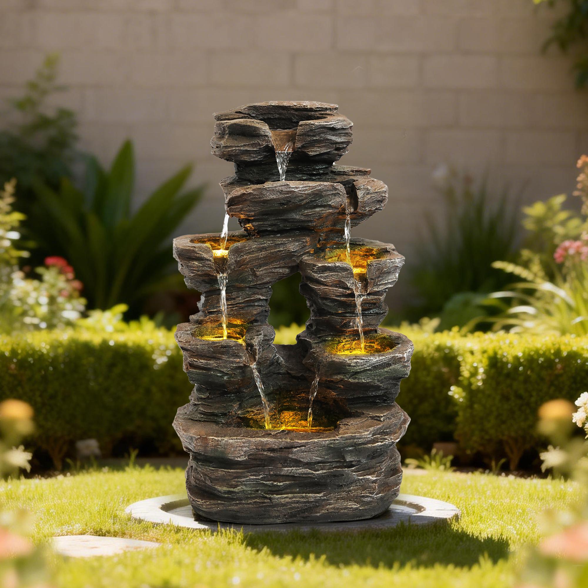 SOLVYA 7-Tier Cascading Outdoor Water Fountain with LED Lights, 23.6" H/37.2" H Moss Wood-Look Water Feature for Garden Patio Yard Decor