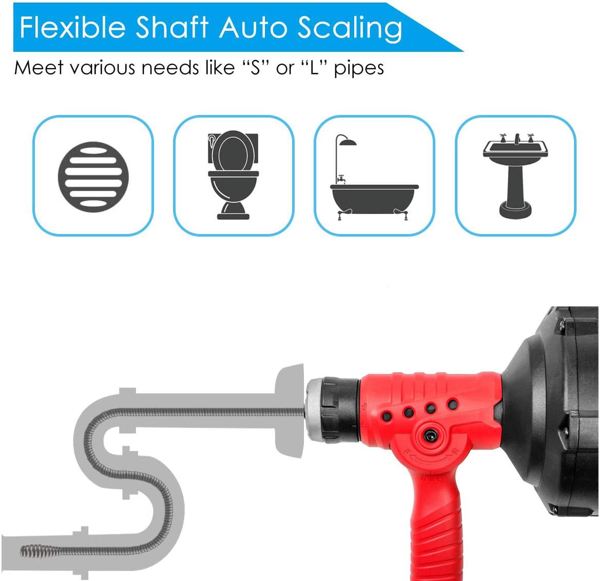 Auto-Feed Handheld Drain Auger 25' Feet/7m Electric Max 300W Cord w/Replaceable Cable Flexible Snake Clog Cleaner Plumbing for 3/4" to 2" Inch/19-50mm Pipe Kitchen Sink Toilet Tub & Shower w/LED Light