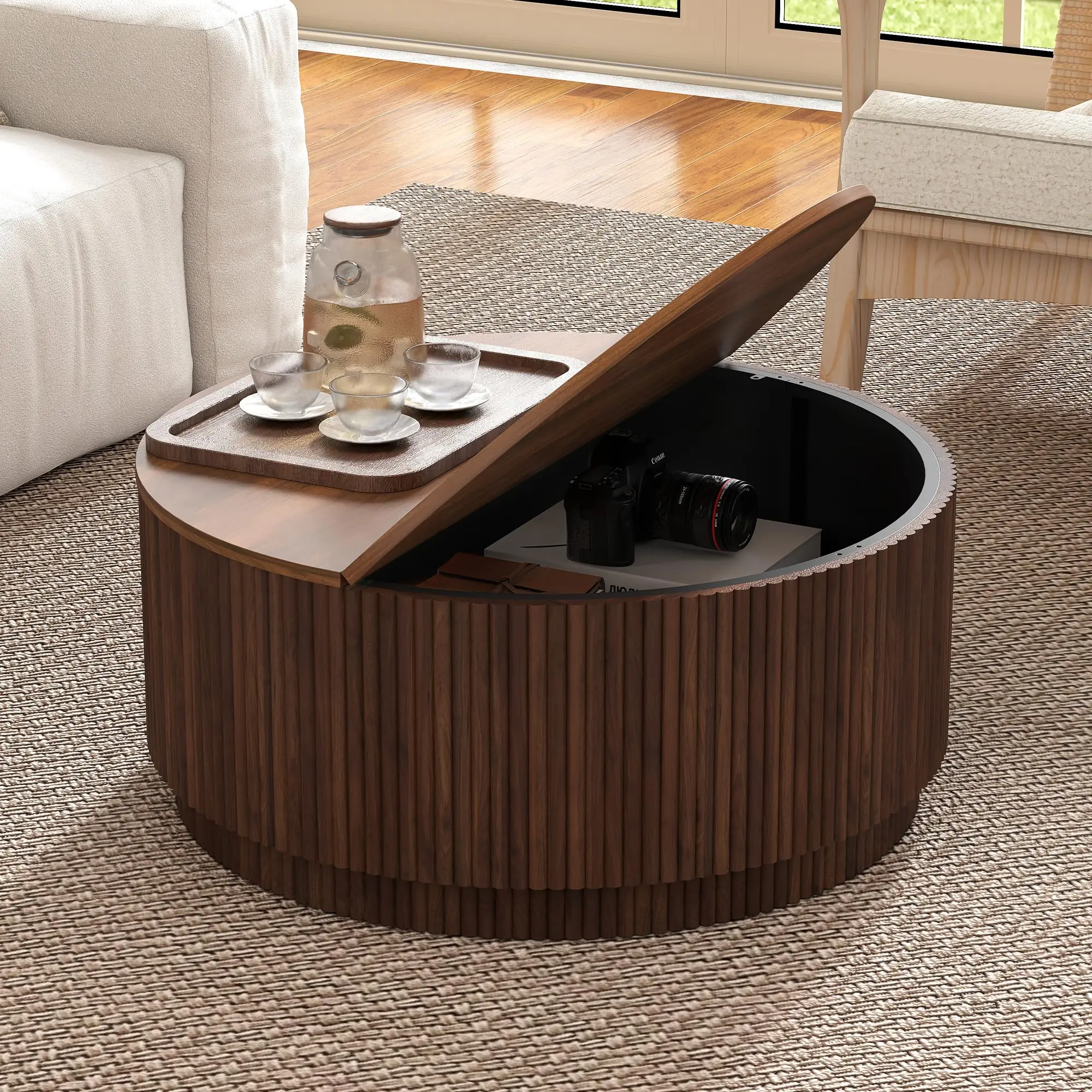 Mesa de Centro Redonda 80 cm con Almacenamiento Oculto