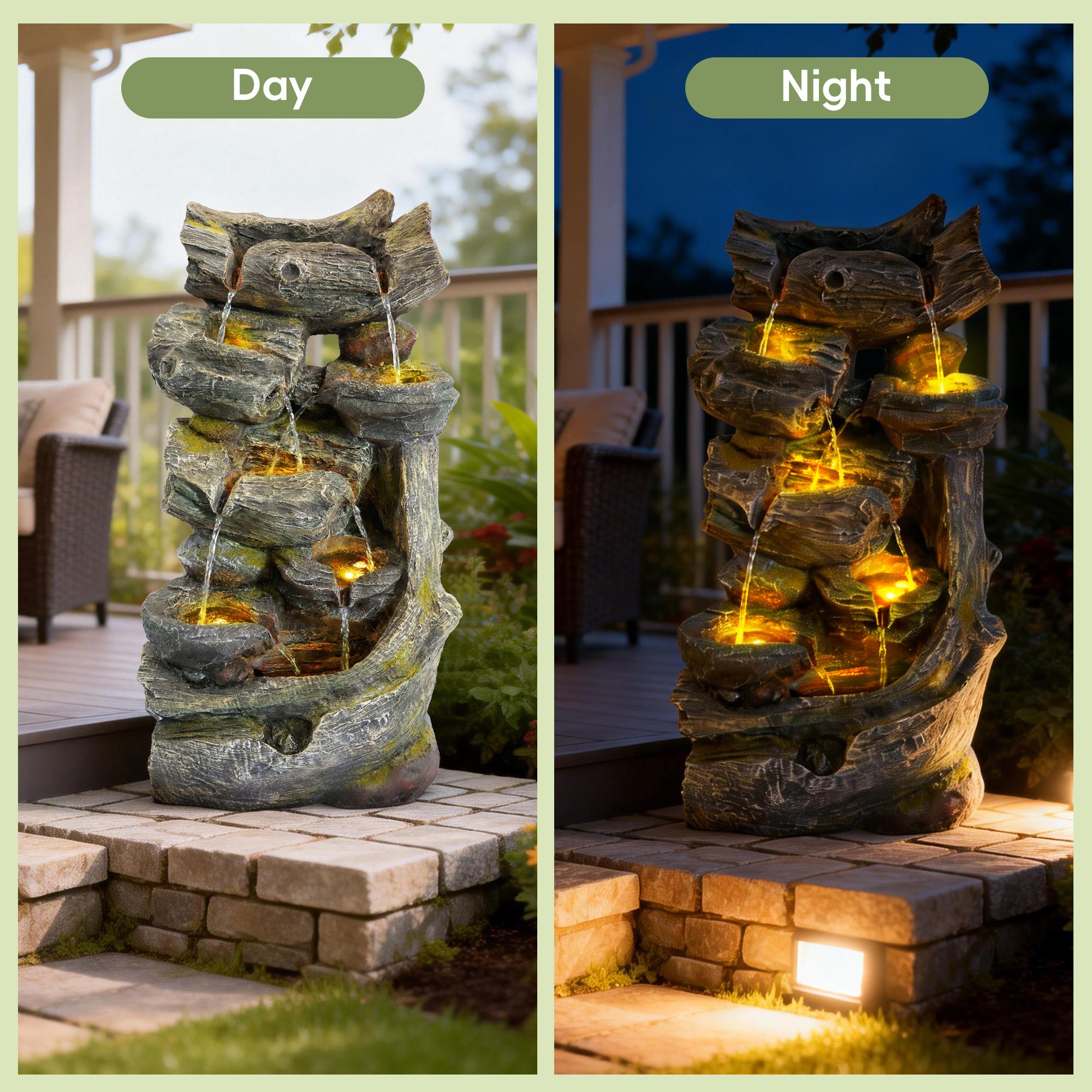 SOLVYA 7-Tier Cascading Outdoor Water Fountain with LED Lights, 23.6" H/37.2" H Moss Wood-Look Water Feature for Garden Patio Yard Decor
