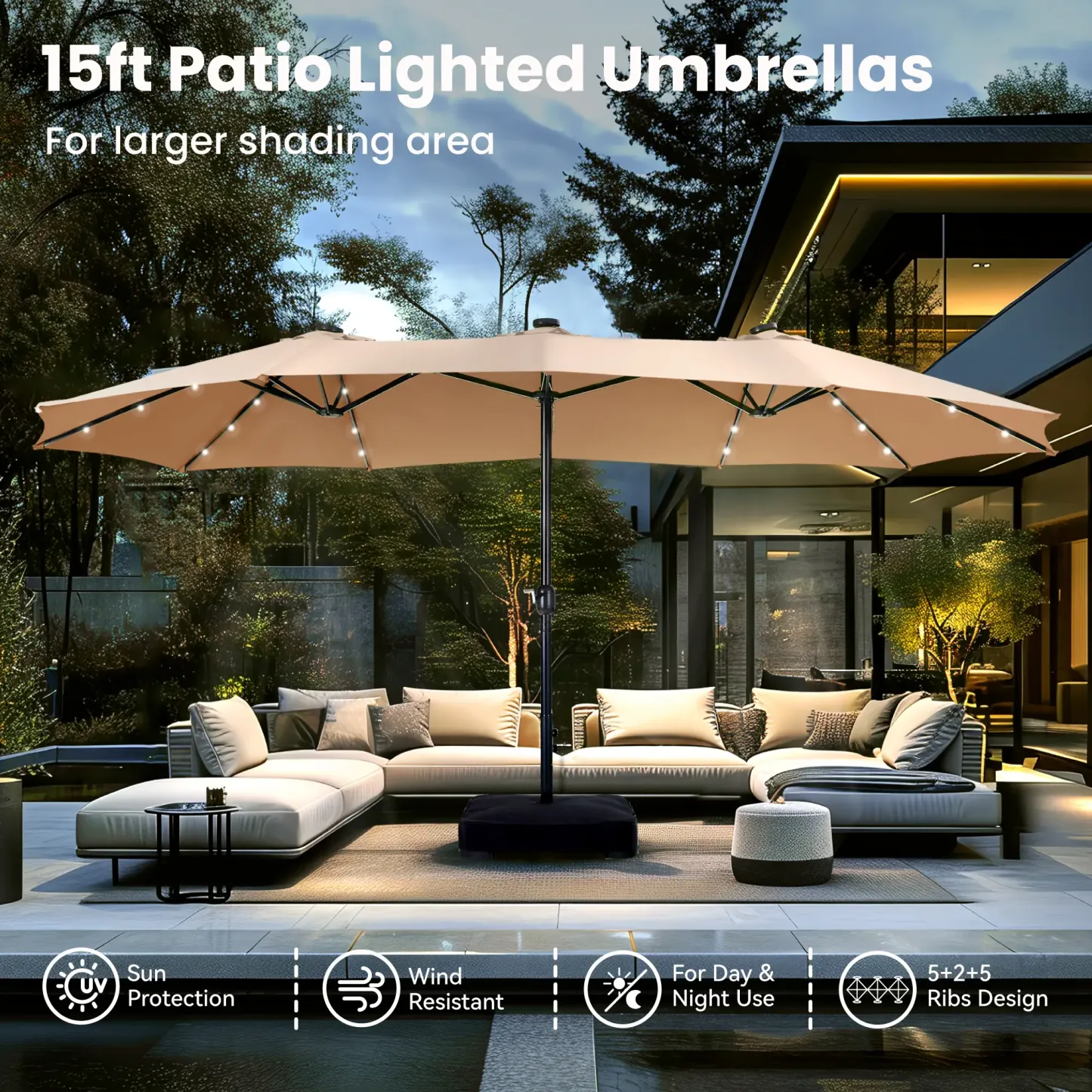 Sombrilla Doble para Patio 4.6 m con Base y LED Solar