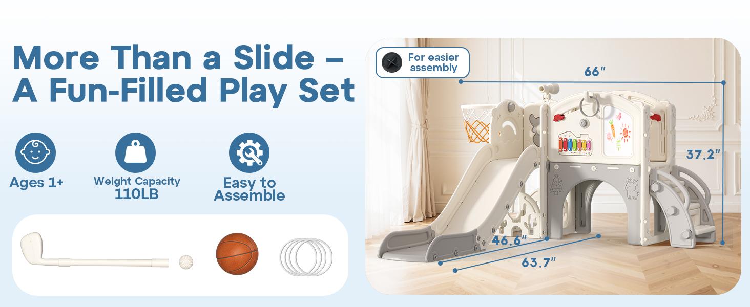BIERUM 13-in-1 Toddler Slide Playset，Indoor & Outdoor Baby Slide with Basketball Hoop, Golf Game & Drawing Board，Cream & Gray Playground for Kids Ages 1-3