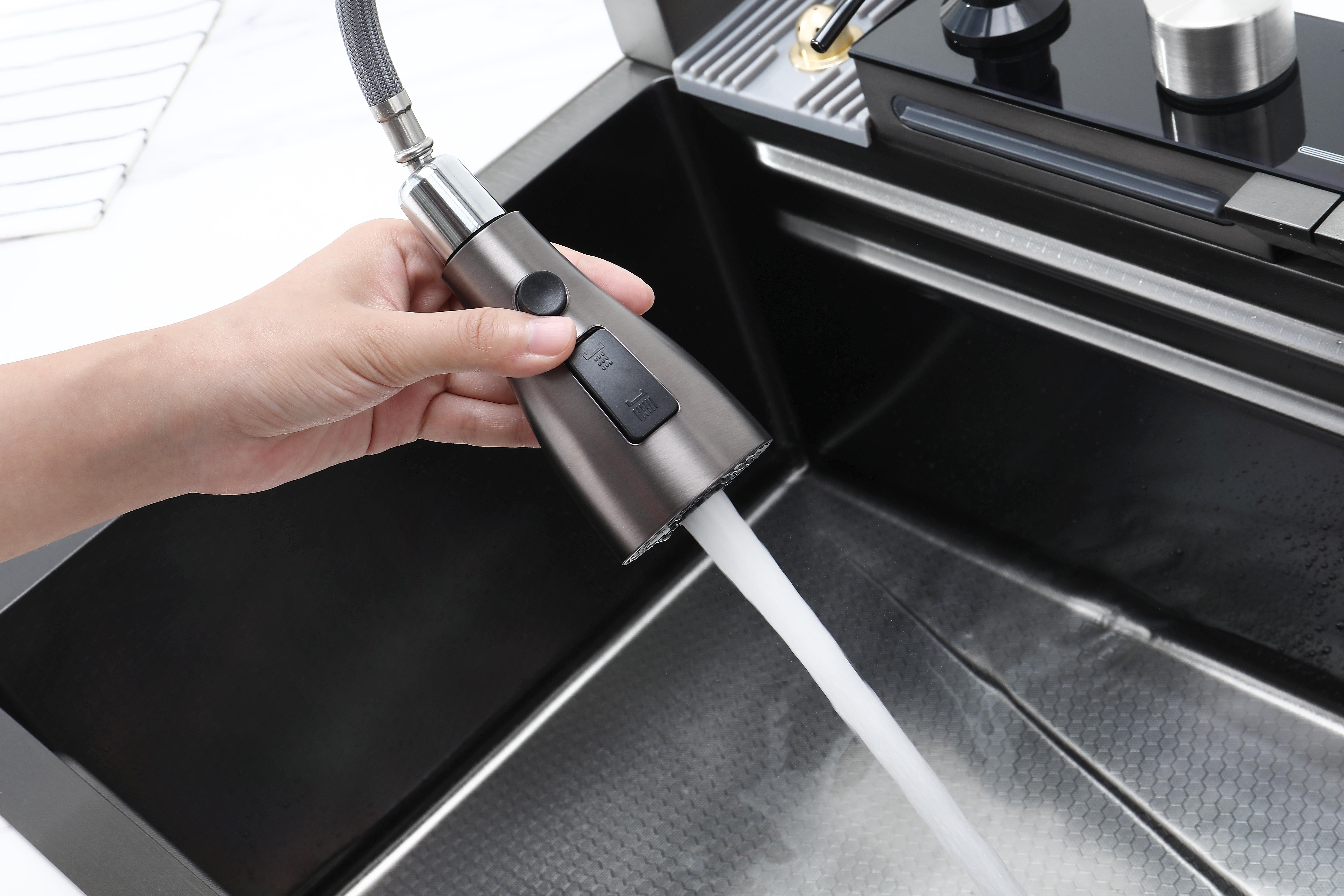 30-Inch Stainless Steel Smart Workstation Kitchen Sink Complete Kit with Kitchen Sink Accessories, Digital Display, Water-Powered Piano Key Control, Energy-Efficient Multi-Mode Pull-Out Faucet, Honeycomb Coating, Cup Washer, US Garbage Disposal Compatible