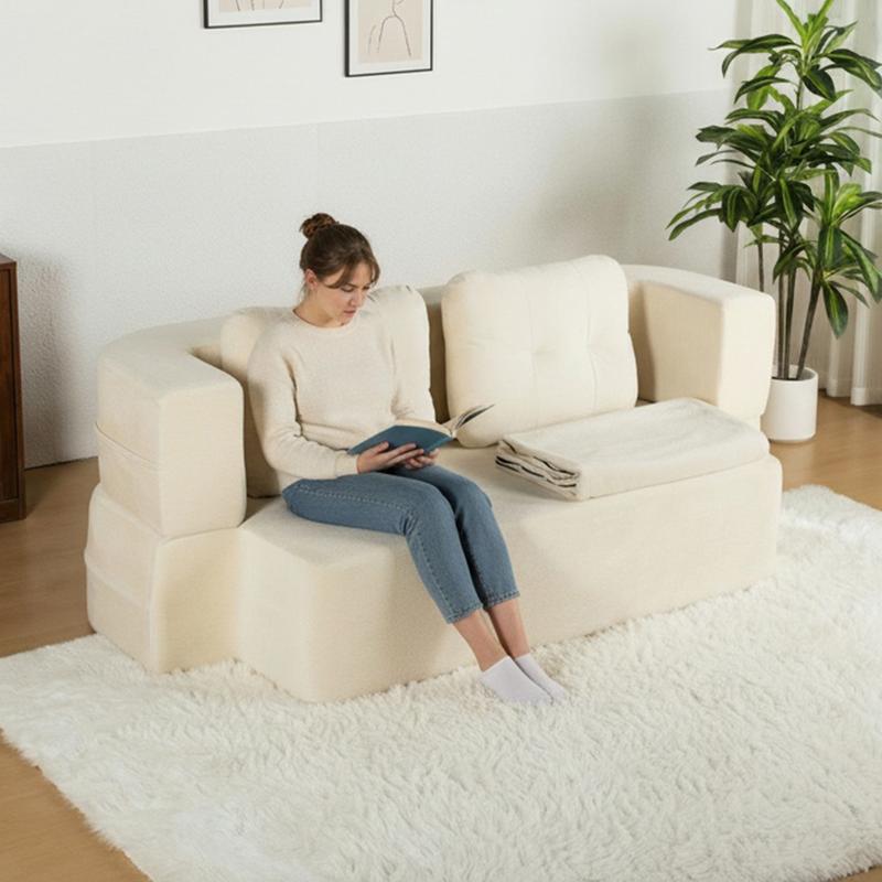 Sofá Cama 2 en 1 Acolchado con Manta y Almohadas
