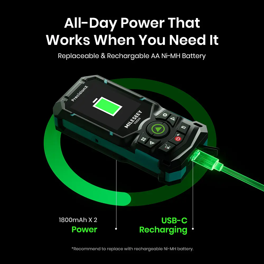 Medidor Láser de Distancia 120 m Recargable con Bluetooth y Láser Verde IPS 2.4"