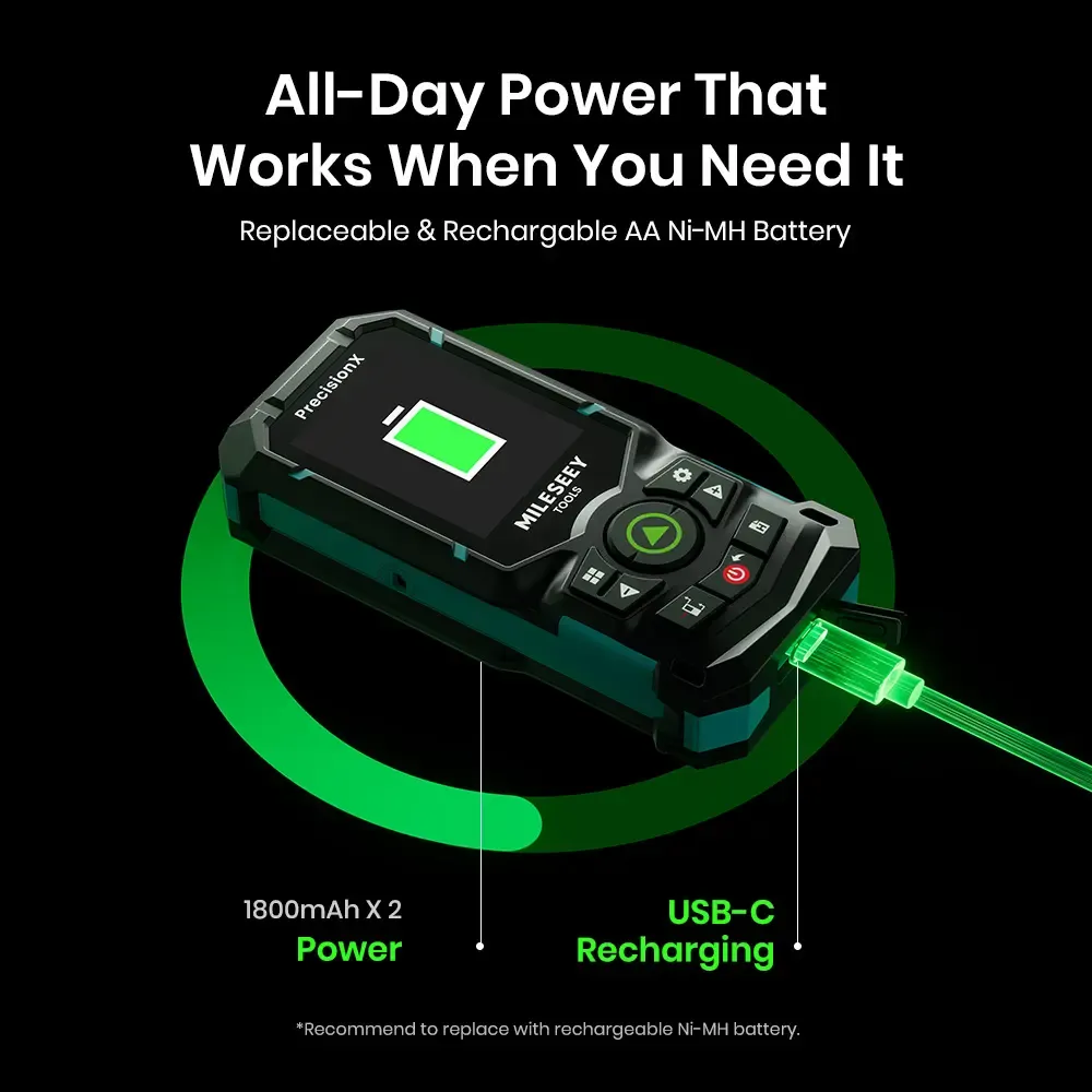 Medidor Láser de Distancia 120 m Recargable con Bluetooth y Láser Verde IPS 2.4"
