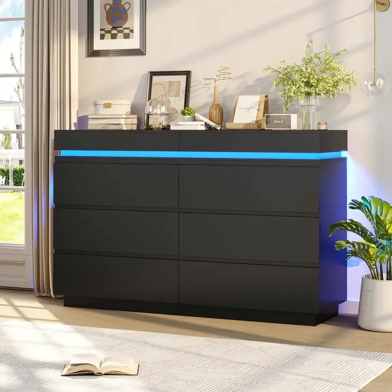 Cómoda Moderna 6 Cajones con Tablero Deslizante, LED y Carga Integrada