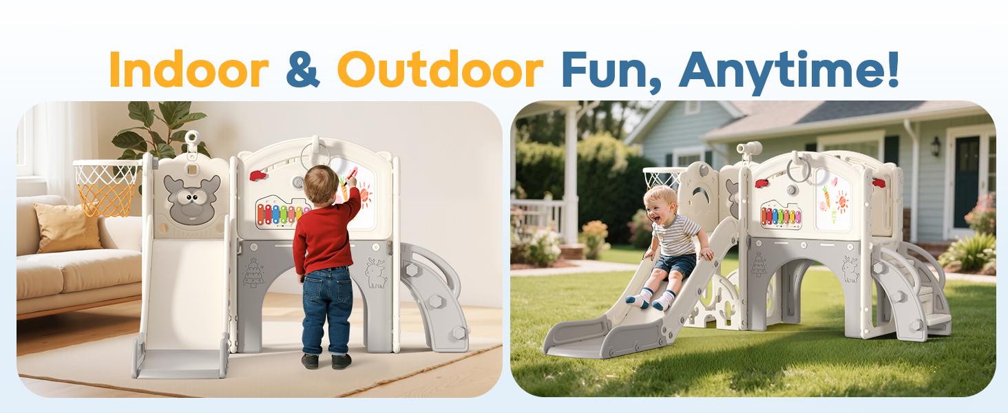 BIERUM 13-in-1 Toddler Slide Playset，Indoor & Outdoor Baby Slide with Basketball Hoop, Golf Game & Drawing Board，Cream & Gray Playground for Kids Ages 1-3
