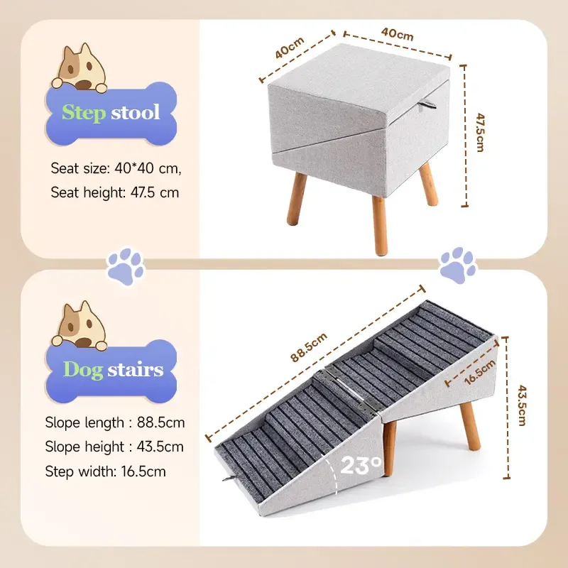 Rampa para Perros 17" Convertible en Otomano | Antideslizante para Sofá o Cama