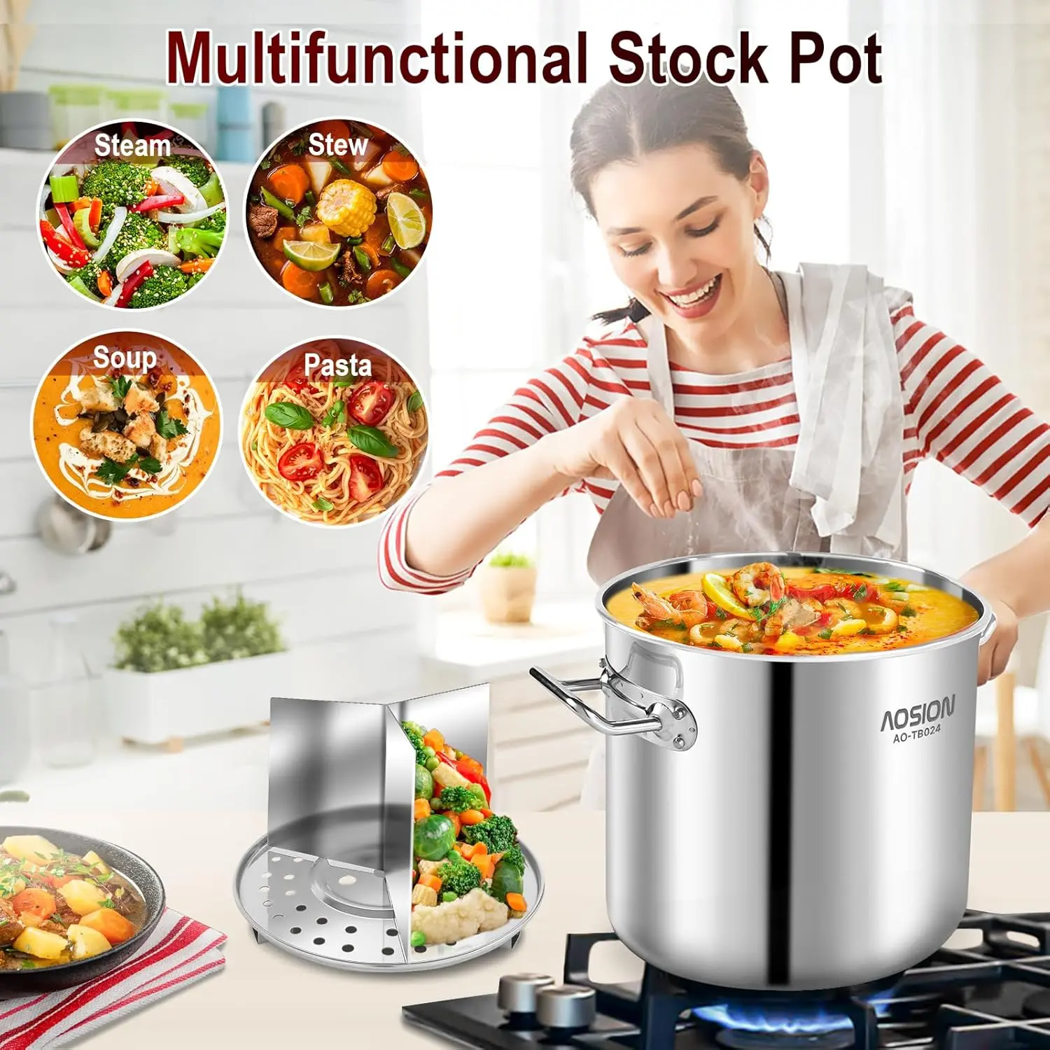 Olla Vaporera para Tamales 22.7 L de Acero Inoxidable con Tapa de Vidrio