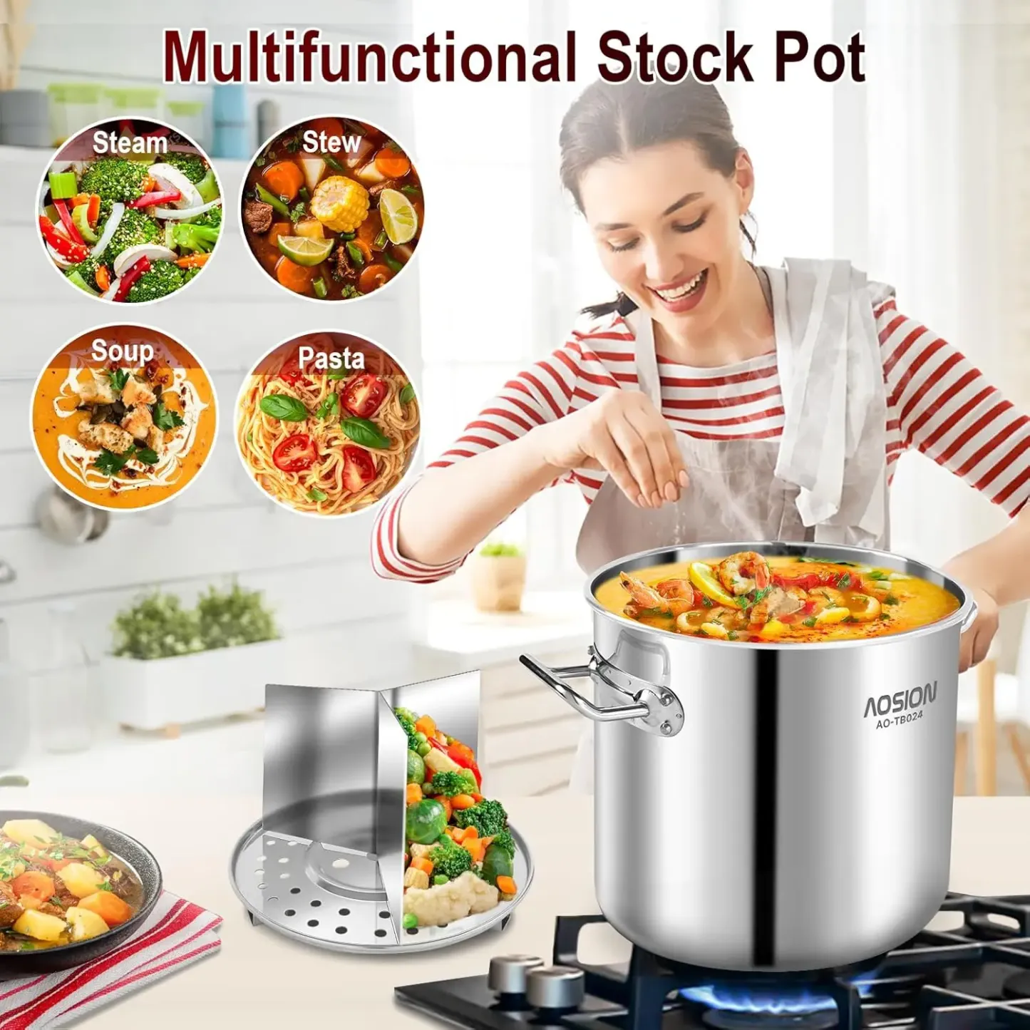 Olla Vaporera para Tamales 22.7 L de Acero Inoxidable con Tapa de Vidrio