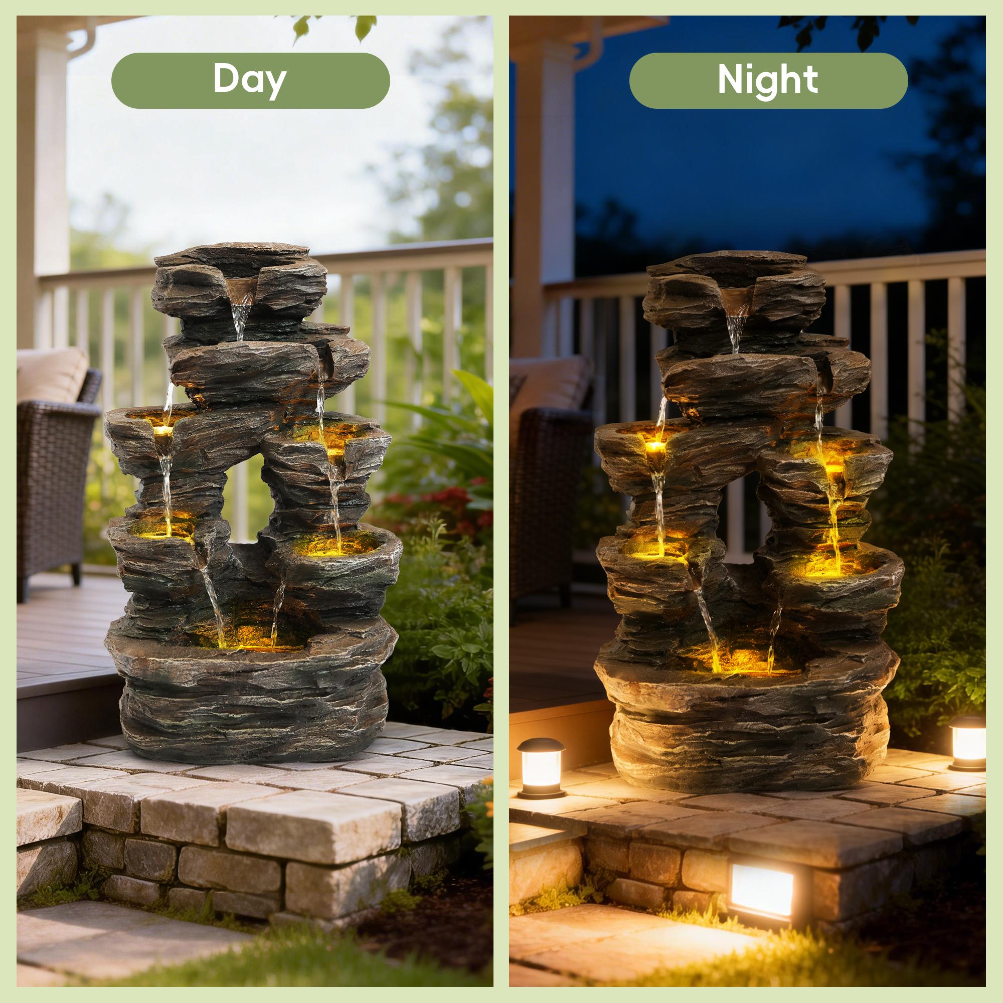 SOLVYA 7-Tier Cascading Outdoor Water Fountain with LED Lights, 23.6" H/37.2" H Moss Wood-Look Water Feature for Garden Patio Yard Decor