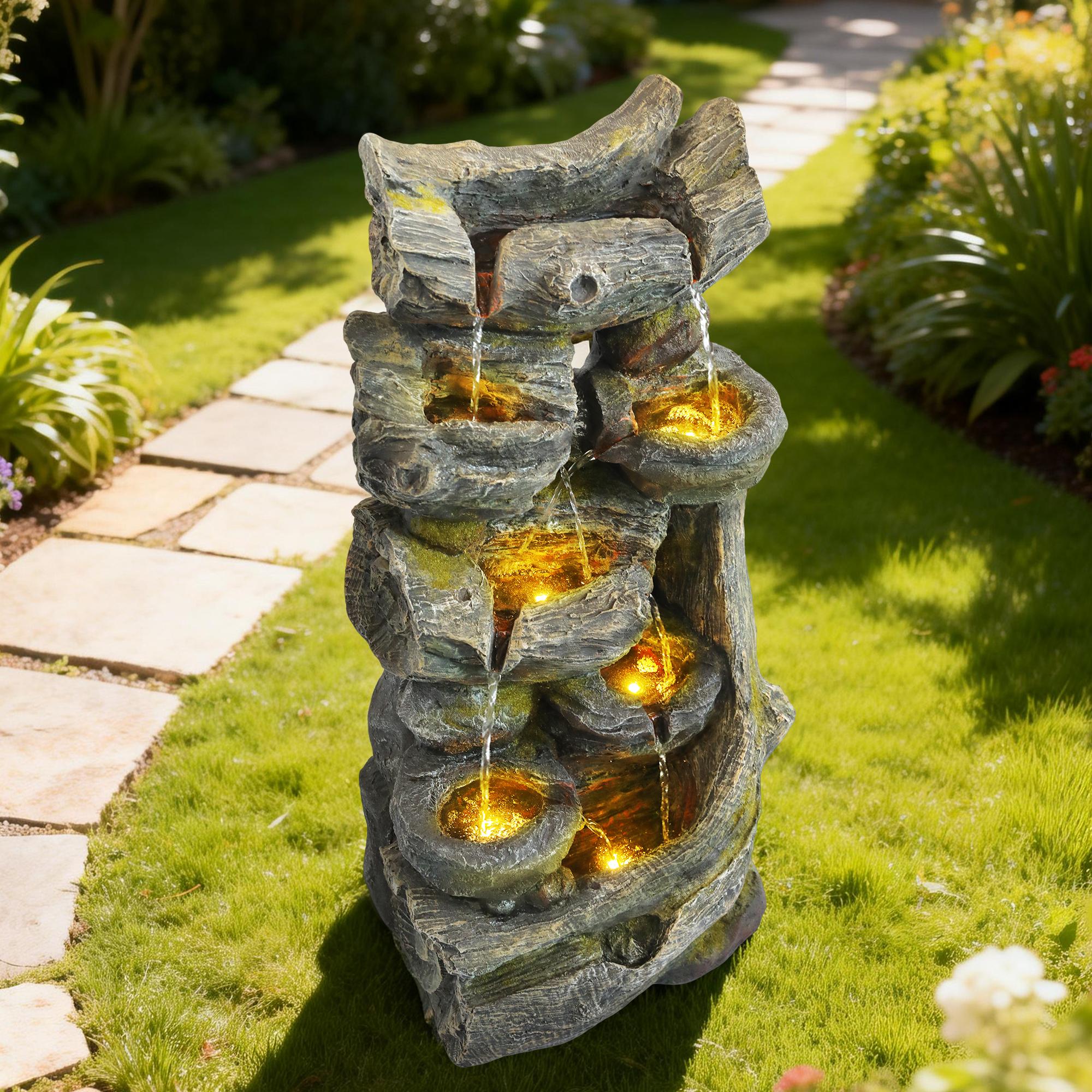 SOLVYA 7-Tier Cascading Outdoor Water Fountain with LED Lights, 23.6" H/37.2" H Moss Wood-Look Water Feature for Garden Patio Yard Decor