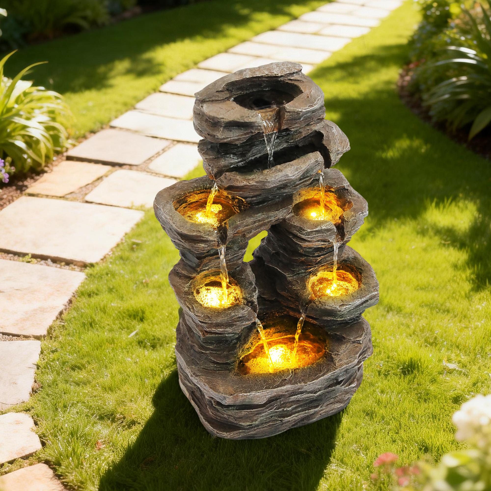SOLVYA 7-Tier Cascading Outdoor Water Fountain with LED Lights, 23.6" H/37.2" H Moss Wood-Look Water Feature for Garden Patio Yard Decor