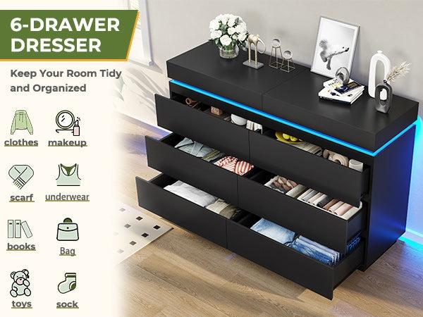 Sikaic Modern 6 Drawers Dresser with Sliding Desktop, Wide Chest of Drawers with Charging Station & LED Lights, Large Storage Tower Clothes Organizer, Dresser for Bedroom DealsForYouDays Summerwins