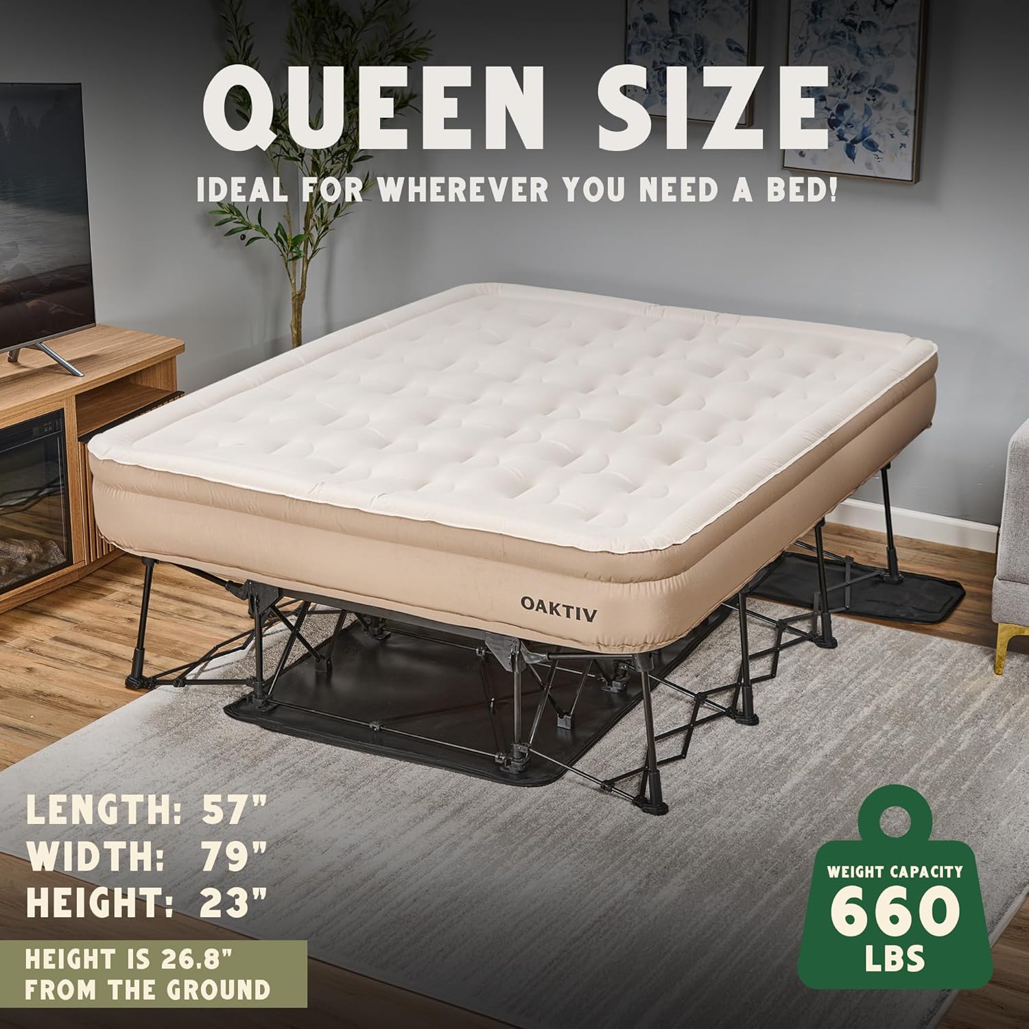OAKTIV PeakRest Queen Size Air Bed - 660lb Capacity, 5-Year Warranty, Self-Inflating in 3-4 Minutes, Built-in Battery Pump & Frame, Rolling Case - Ultimate Guest Room & Camping Solution