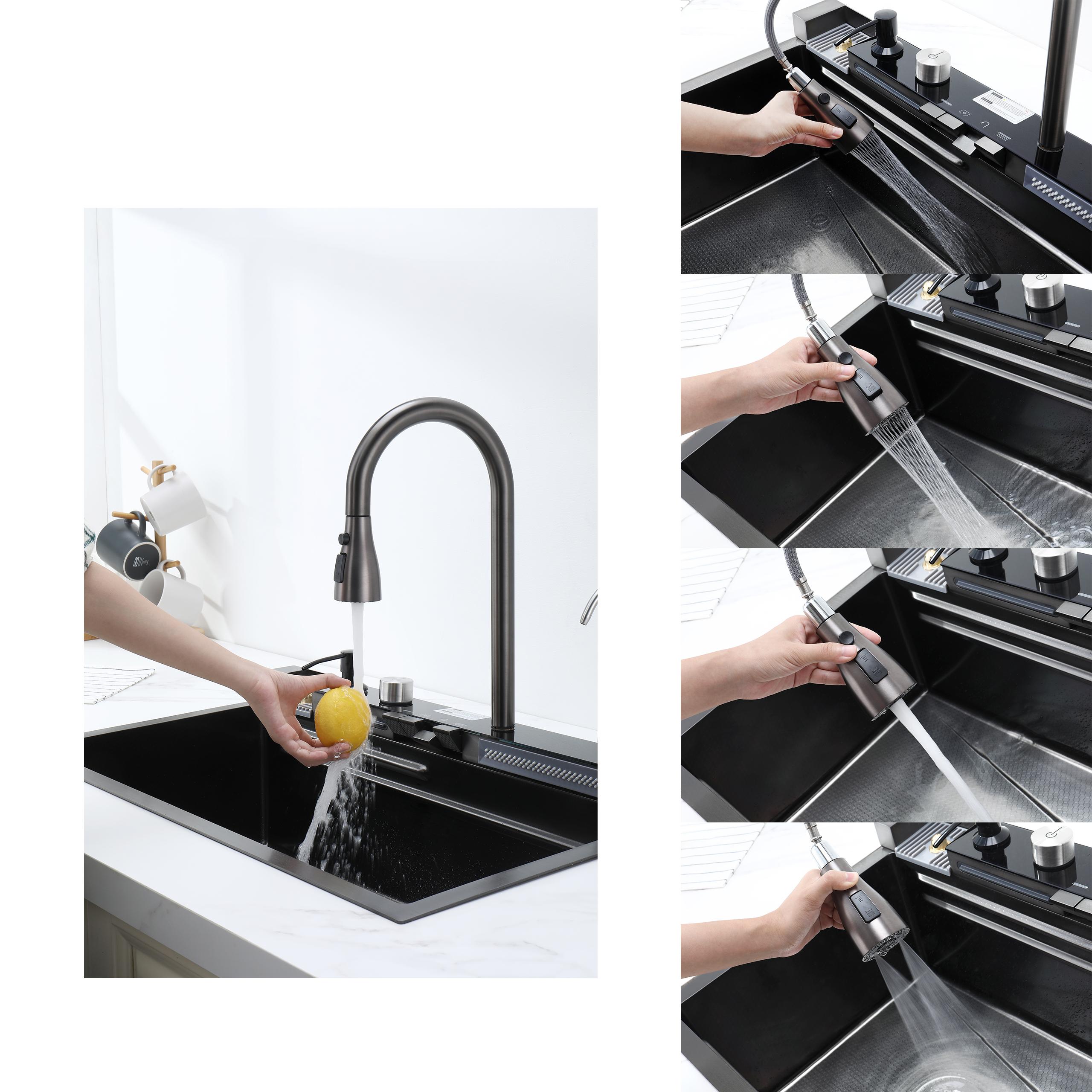 30-Inch Stainless Steel Smart Workstation Kitchen Sink Complete Kit with Kitchen Sink Accessories, Digital Display, Water-Powered Piano Key Control, Energy-Efficient Multi-Mode Pull-Out Faucet, Honeycomb Coating, Cup Washer, US Garbage Disposal Compatible