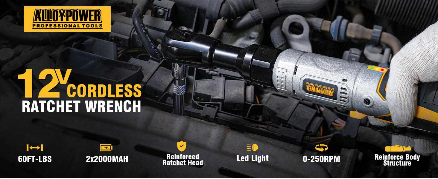 3/8" Cordless Ratchet Wrench Set, 60FT-LBS(80N.m) Electric Ratchet, 12V Extended Power Ratchet Wrench with Variable Speed, 6 Sockets, LED Light, 1/4" Adapter,1/2" Adapter,2 Batteries, Best Christmas and New Year Gift Ideas for Everyone