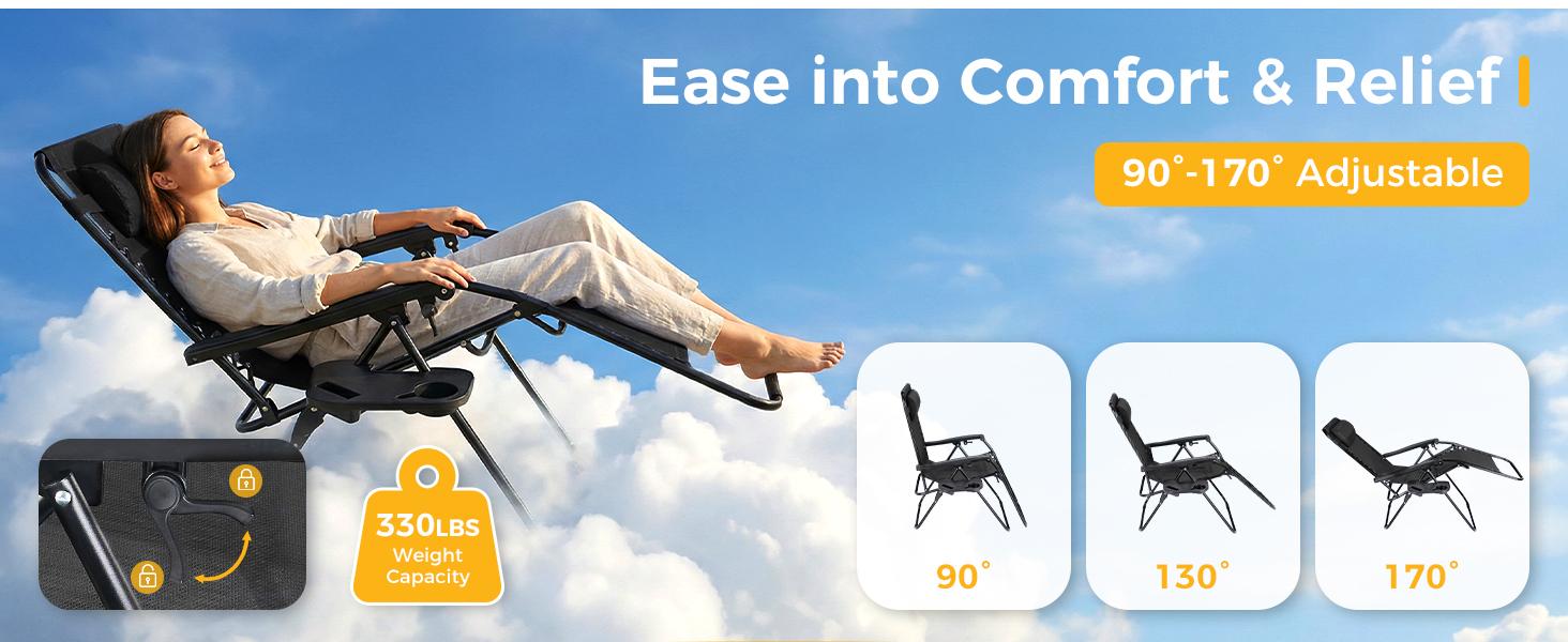 Zero Gravity Chairs, Set of 2 Portable Recliner Beach Camping Patio Outdoor Folding Lounge Chair with Cup Holder Trays and Adjustable Pillow